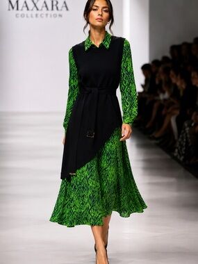 MAXARA Collection Green Print Midi Dress + Knit Vest Set NWT Size M